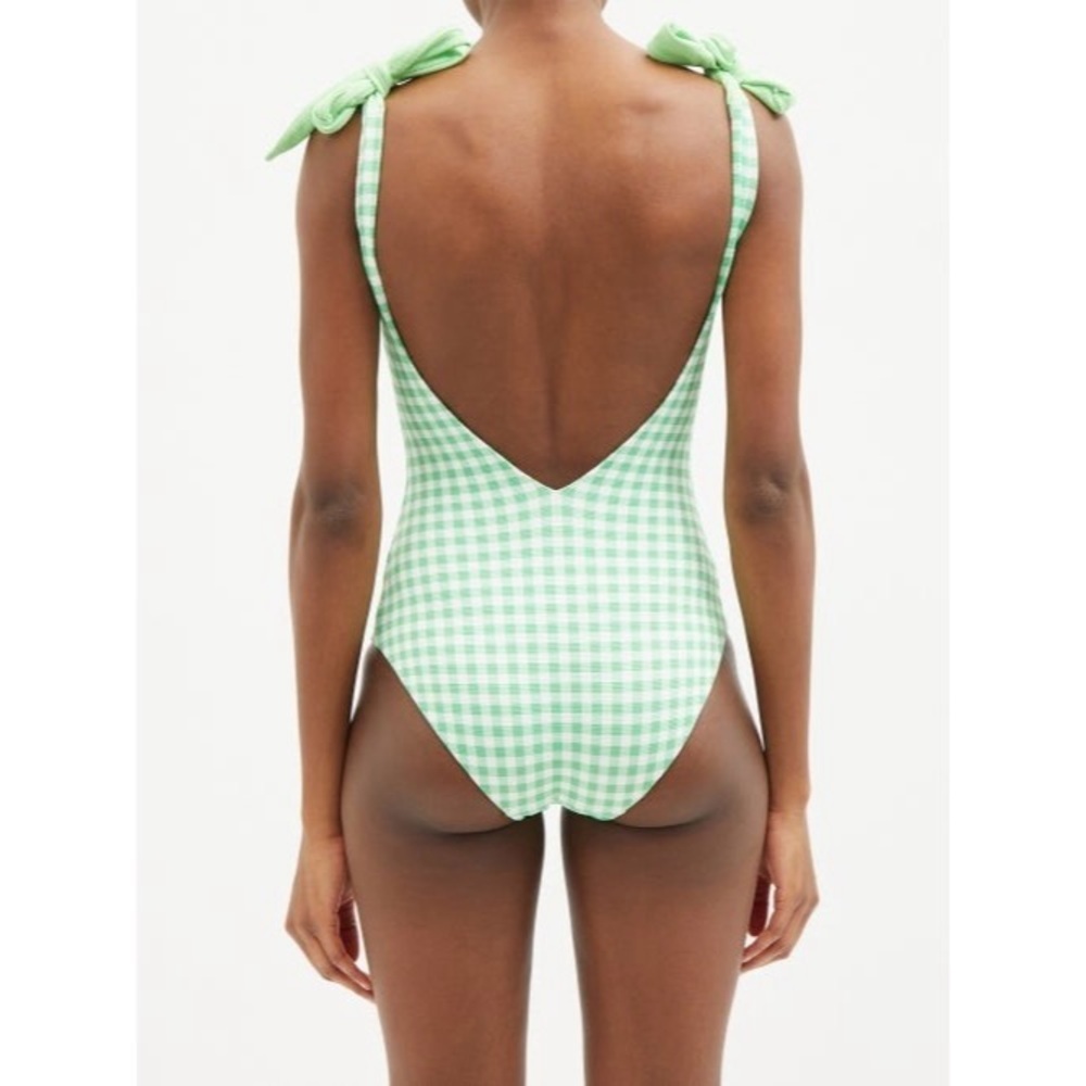 Tie-Shoulder Gingham One-Piece Swimsuit in Light Green